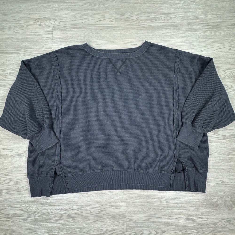 American Eagle Women Sweatshirt Seriously Lived-In Waffle Knit Gray Oversized Lg